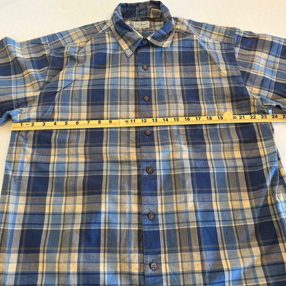 LL Bean Plaid Button Down Shirt Size Large TALL Short Sleeve Dusty Blue Tan - Picture 6 of 8